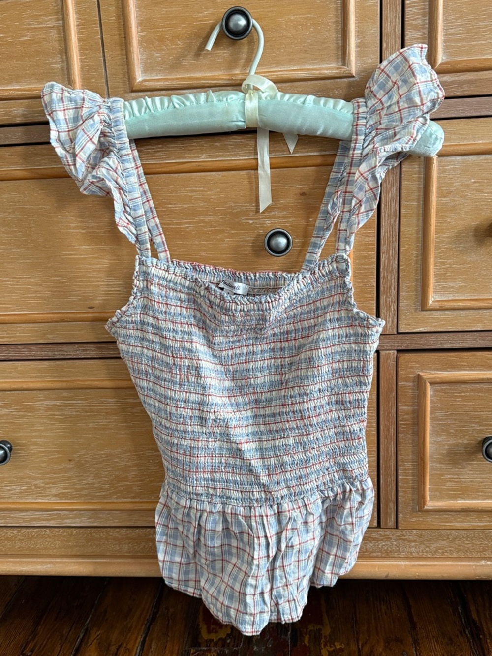 Madewell Plaid Smocked Ruffle-Strap Camisole — Blue, Cream, Red